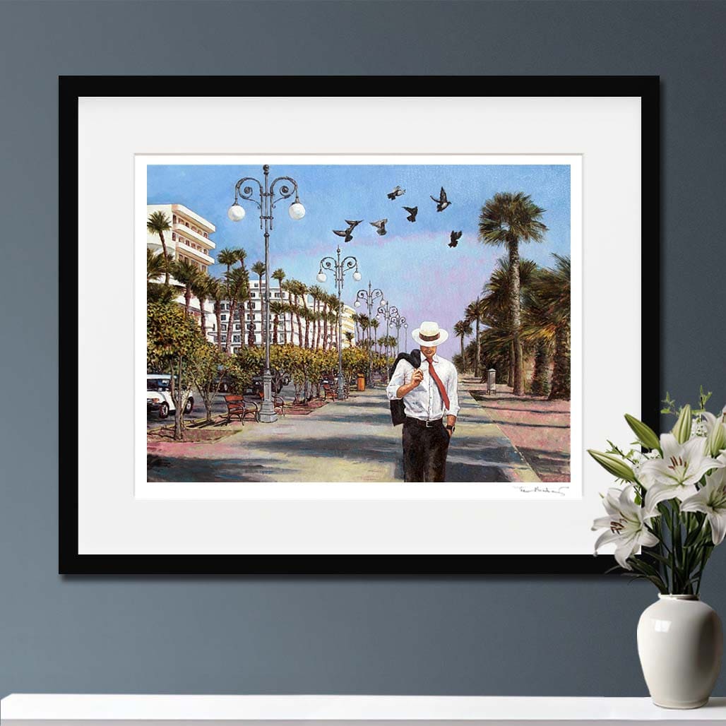 Fine Art print of a man walking down a palm tree-lined street with birds flying above, on the seafront promenade in Larnaca Cyprus. An oil painting by Theo Michael. 