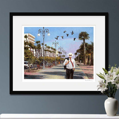 Fine Art print of a man walking down a palm tree-lined street with birds flying above, on the seafront promenade in Larnaca Cyprus. An oil painting by Theo Michael. 