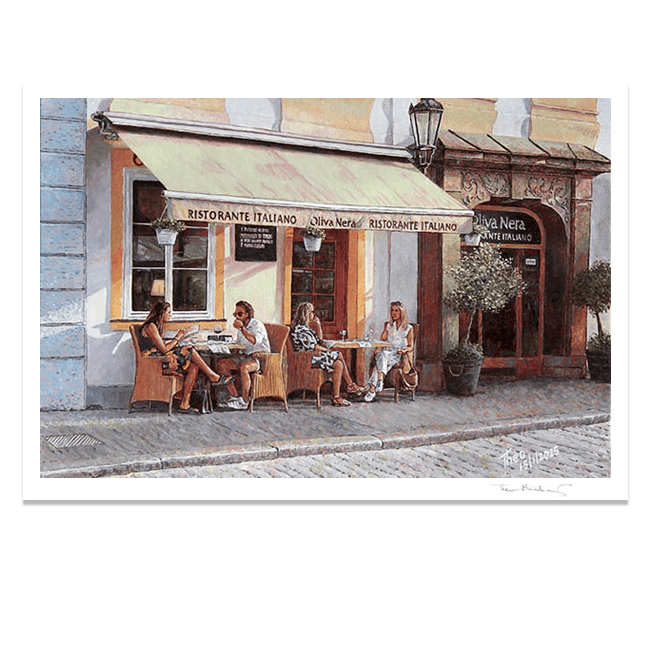 Fine Art print of an Italian restaurant painting by Theo Michael. Diners enjoy a leisurely meal under the shade of a canopy. The cobblestone street and surrounding potted plants add to the charming European ambiance.