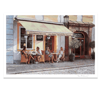 Fine Art print of an Italian restaurant painting by Theo Michael. Diners enjoy a leisurely meal under the shade of a canopy. The cobblestone street and surrounding potted plants add to the charming European ambiance.