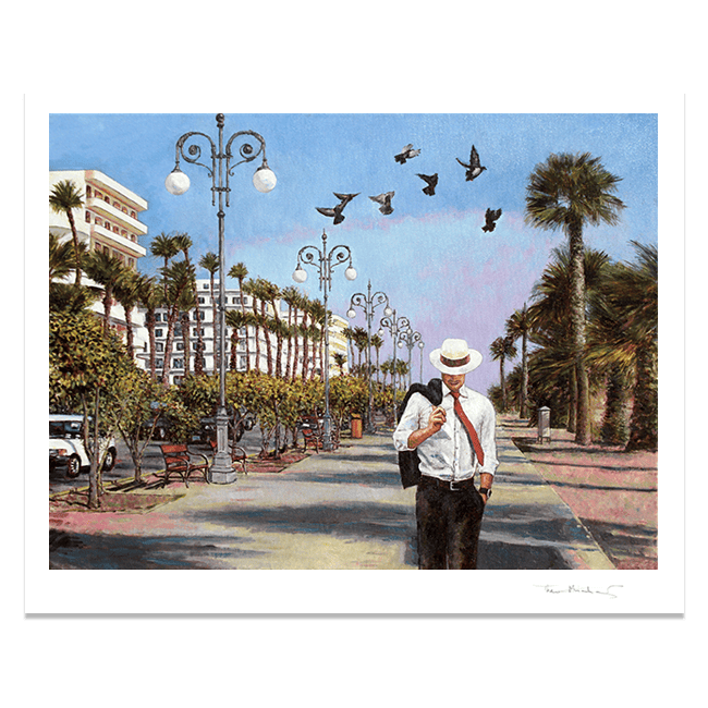Hand Signed Fine Art print of a man walking down a palm tree-lined street with birds flying above, on the seafront promenade in Larnaca Cyprus.  by Theo Michael. 