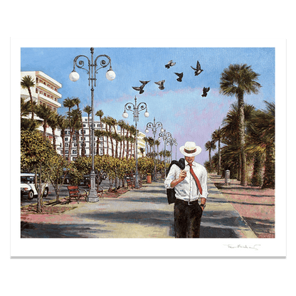 Hand Signed Fine Art print of a man walking down a palm tree-lined street with birds flying above, on the seafront promenade in Larnaca Cyprus.  by Theo Michael. 