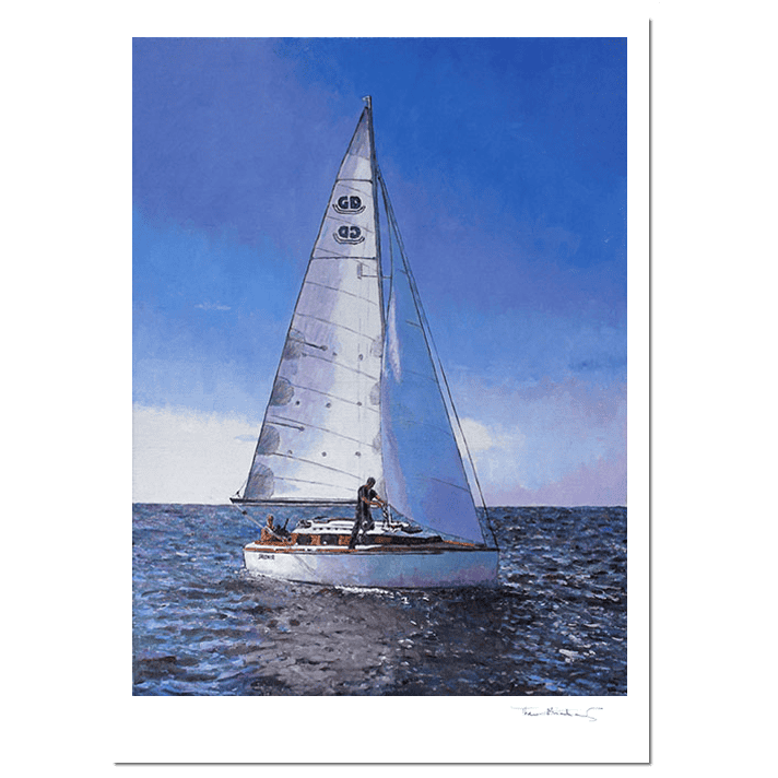 Fine Art Print of a sailboat out on sea with clear blue skies and a far reaching horizon. Oil painting by Theo Michael 