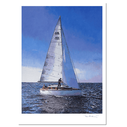 Fine Art Print of a sailboat out on sea with clear blue skies and a far reaching horizon. Oil painting by Theo Michael 