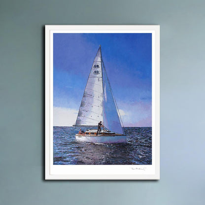 Fine Art Print in a frame of a sailboat out on sea with clear blue skies and a far reaching horizon. Oil painting by Theo Michael