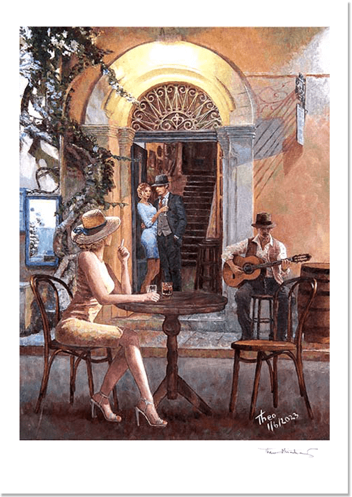 Fine Art print of The Guitar Player, an oil painting by Theo Michael a Cafe and Bar painting featuring a beautiful entrance to the restaurant night