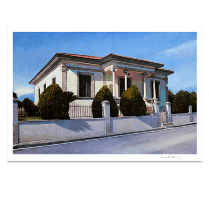 Fine art print of an imposing  Cyprus mansion lit by summer sunshine. After an original oil painting by Theo Michael titled House In Summer Light. 