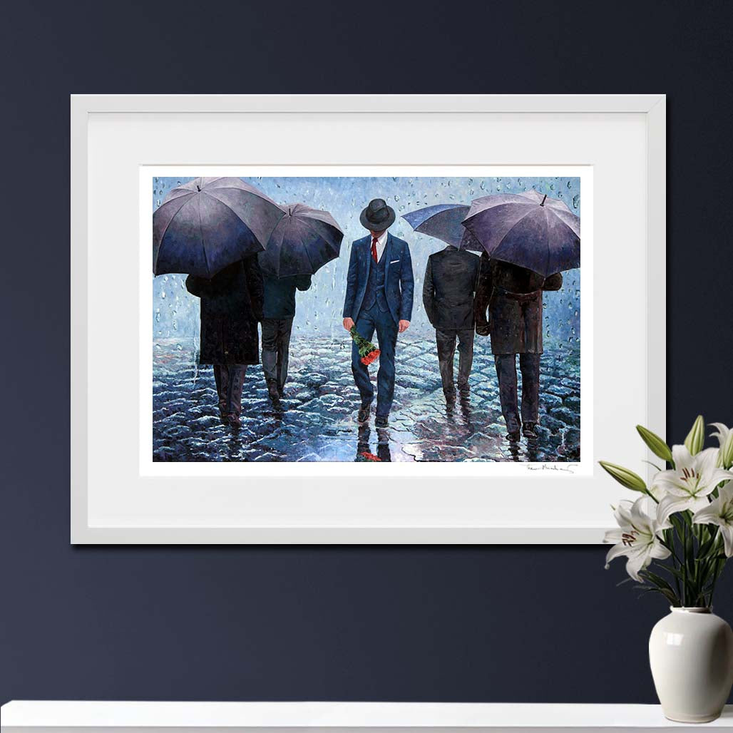 Fine Art Print, walking in the rain, oil painting by Theo Michael titled The Long Goodbye