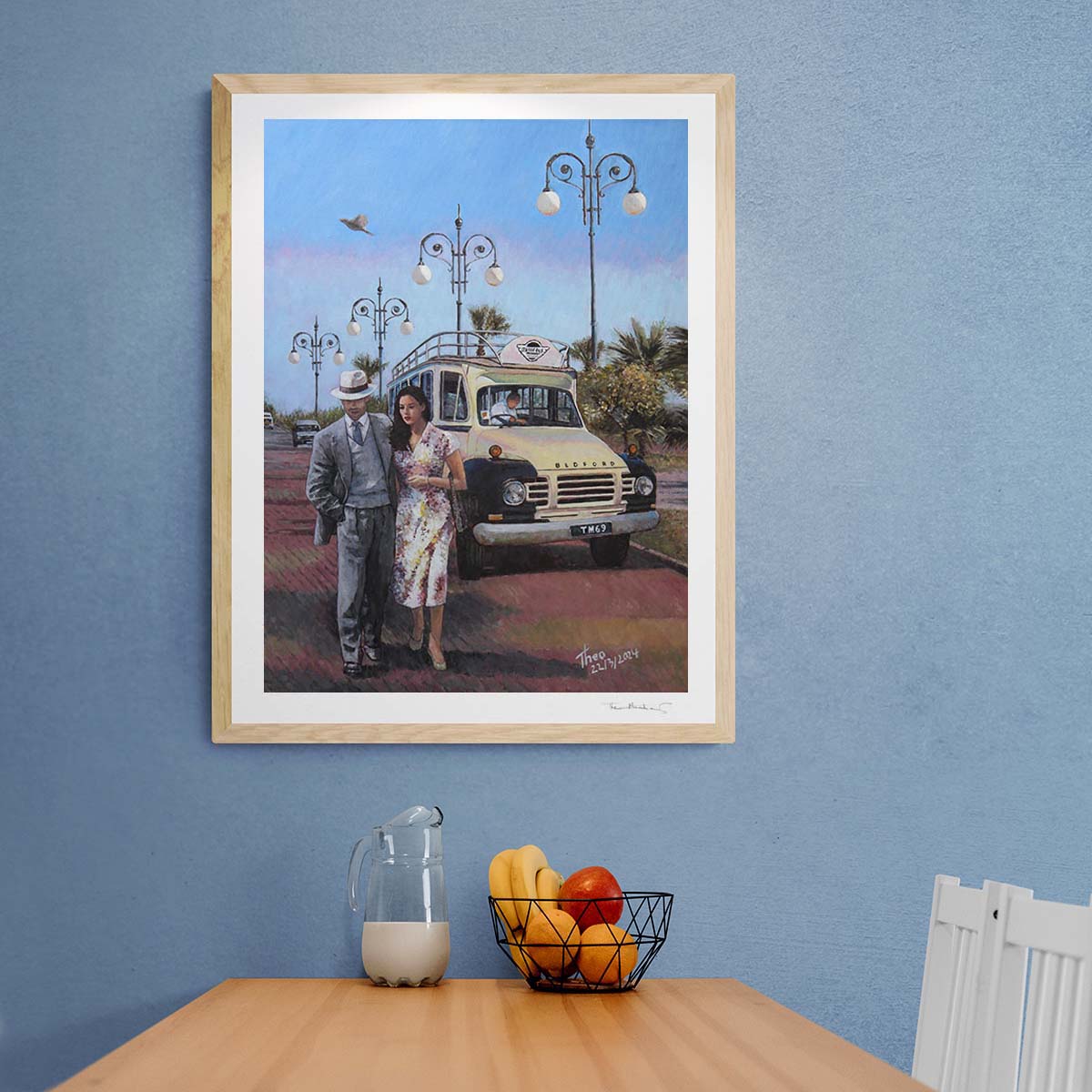 Fine Art Print, The Sunday Stroll along the palm tree promenade in Larnaca, Finikoudes. A painting by Theo Michael featuring a classic Beford Bus and iconic and traditional Street lamps in the background.