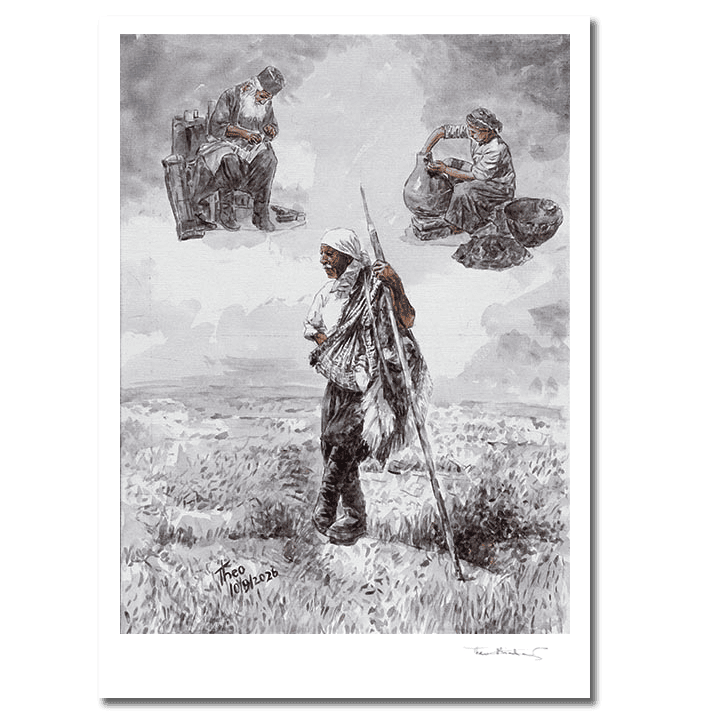 A hand signed art print featuring a monochrome illustration of three figures in a Cyprus landscape, a shepherd standing in the foreground and two traditional crafts people seated above. 