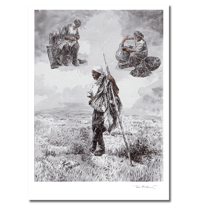A hand signed art print featuring a monochrome illustration of three figures in a Cyprus landscape, a shepherd standing in the foreground and two traditional crafts people seated above. 