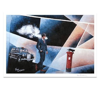 Hand signed Fine Art print of the oil painting Keep Walking by Theo Michael, a surreal film noir style painting with a London cab and an iconic London letter box.