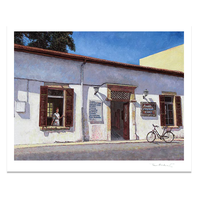 hand signed fine art print by Theo Michael of nostalgic Cypriot street scene in Larnaca