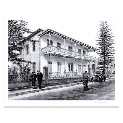 Fine Art Printt of a nostalgic black and white Larnaca painting of a large house, The Pierides Museum in Larnaca painted by THeo Michael.