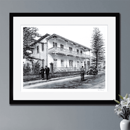 Fine ARt Printt of a nostalgic black and white Larnaca painting of a large house, The Pierides Museum in Larnaca by THeo Michael