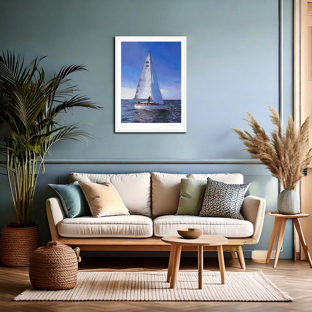 Fine Art Print of a sailboat out on sea with clear blue skies and a far reaching horizon. Oil painting by Theo Michael