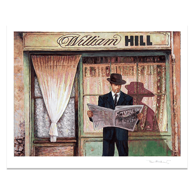 "The Betting Shop" by Theo Michael. A hand signed Fine Art print capturing the cinematic nostalgia of mid-century London. A modern heirloom for your private collection.