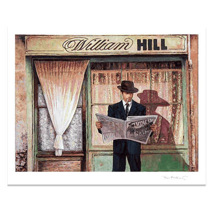 "The Betting Shop" by Theo Michael. A hand signed Fine Art print capturing the cinematic nostalgia of mid-century London. A modern heirloom for your private collection.