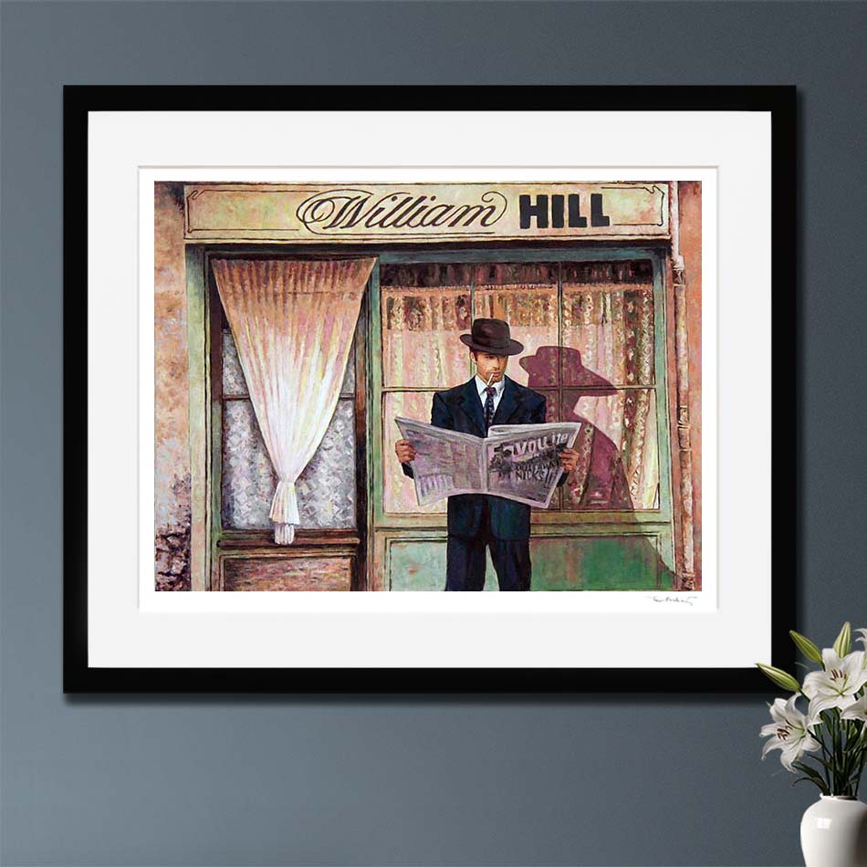 "The Betting Shop" by Theo Michael. A hand-signed fine art print capturing the cinematic nostalgia of mid-century London. A modern heirloom for your private collection.