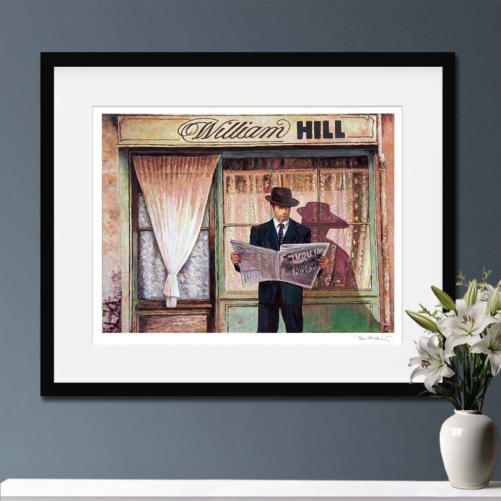 Discover "The Betting Shop" by Theo Michael. A hand-signed fine art print capturing the cinematic nostalgia of mid-century London. A modern heirloom for your collection.