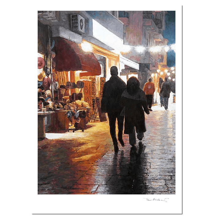 Fine Art  print of a wet street painting in Athens by Theo Michael. A night scene with beautiful reflections 