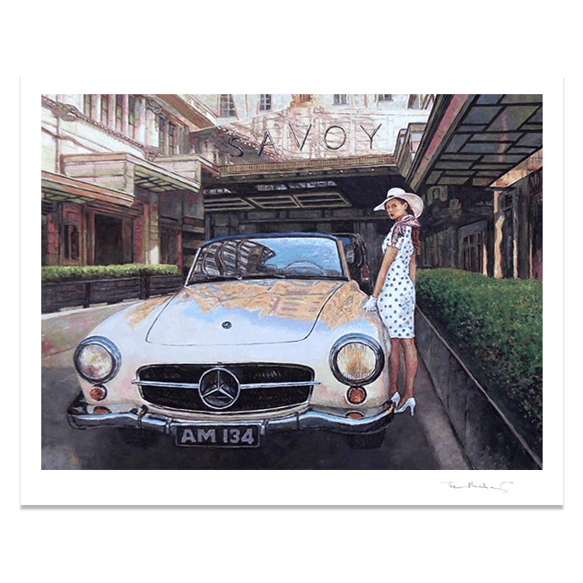 Bring home the timeless elegance of London with 'The Savoy' by Theo Michael. This high-quality hand signed reproduction art print features a classic Mercedes-Benz 190SL and a glamorous figure at the iconic Savoy Hotel entrance. Perfect for lovers of vintage cars, Art Deco style, and cinematic fine art.
