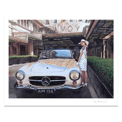 Bring home the timeless elegance of London with 'The Savoy' by Theo Michael. This high-quality hand signed reproduction art print features a classic Mercedes-Benz 190SL and a glamorous figure at the iconic Savoy Hotel entrance. Perfect for lovers of vintage cars, Art Deco style, and cinematic fine art.