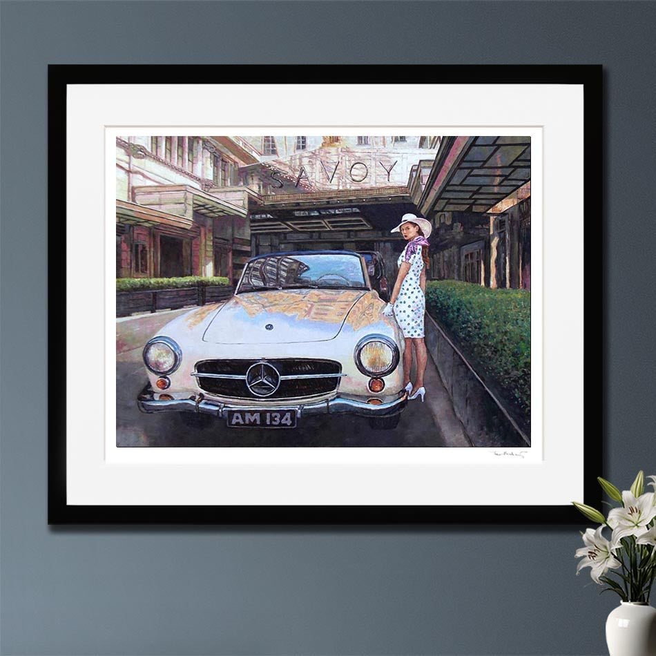 Bring home the timeless elegance of London with 'The Savoy' by Theo Michael. This high-quality fine art print features a classic Mercedes-Benz 190SL and a glamorous figure at the iconic Savoy Hotel entrance. Perfect for lovers of vintage cars, Art Deco style, and cinematic fine art.