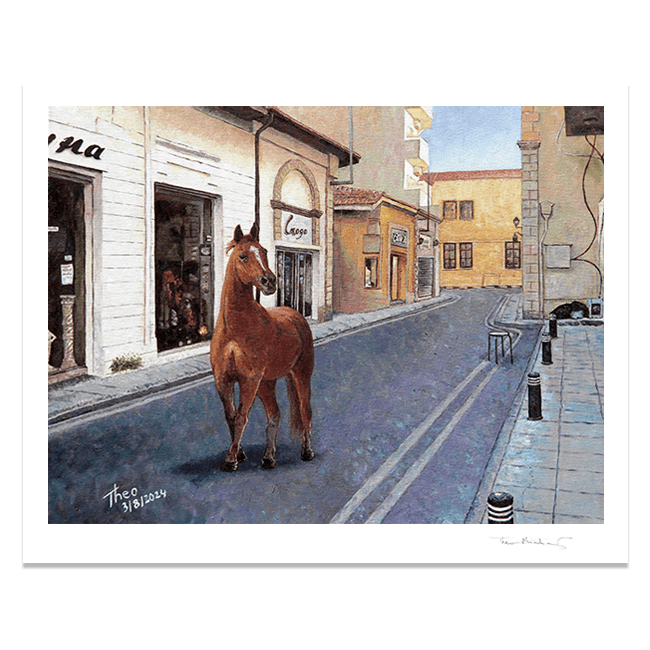 Fine Art Print by Theo Michael titled One Horse Town, a chestnut mare is trotting down the deserted high street in Larnaca Cyprus