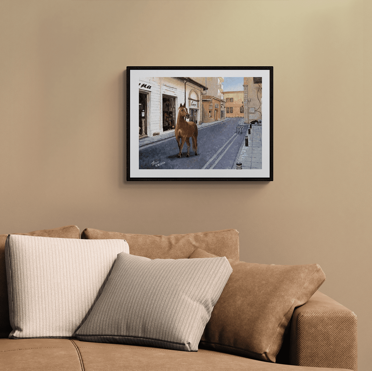 Fine Art Print after an oil painting by Theo Michael titled One Horse Town, a chestnut mare is trotting down the deserted high street in Larnaca Cyprus