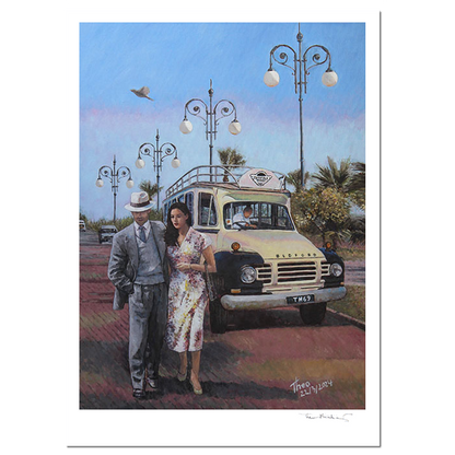 Fine Art Print, The Sunday Stroll along the palm tree promenade in Larnaca, Finikoudes. A painting by Theo Michael featuring a classic Beford Bus and iconic and traditional Street lamps in the background.