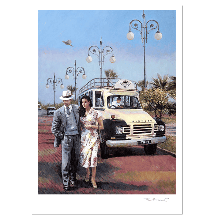 Fine Art Print, The Sunday Stroll along the palm tree promenade in Larnaca, Finikoudes. After a painting by Theo Michael featuring a classic Beford Bus and iconic and traditional Street lamps in the background.