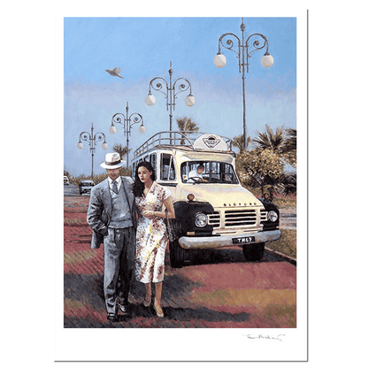 Fine Art Print, The Sunday Stroll along the palm tree promenade in Larnaca, Finikoudes. After a painting by Theo Michael featuring a classic Beford Bus and iconic and traditional Street lamps in the background.