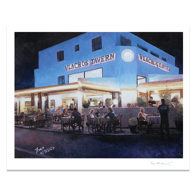 Fine Art print of a Restaurant oil painting by Theo Michael, titled Vlachos Tavern, a popular Cypriot restaurant in Larnaca Cyprus