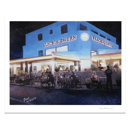 Fine Art print of a Restaurant oil painting by Theo Michael, titled Vlachos Tavern, a popular Cypriot restaurant in Larnaca Cyprus