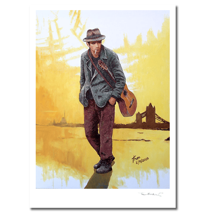 Hand signed Fine Art print by Theo Michael. Bathed in warm, golden sepia tones, this evocative narrative reproduction blends London film noir sensibilities with soulful introspection. A brooding musician carrying a guitar slung across his back stands along the Thames, with Tower Bridge silhouetted against a softly glowing horizon.