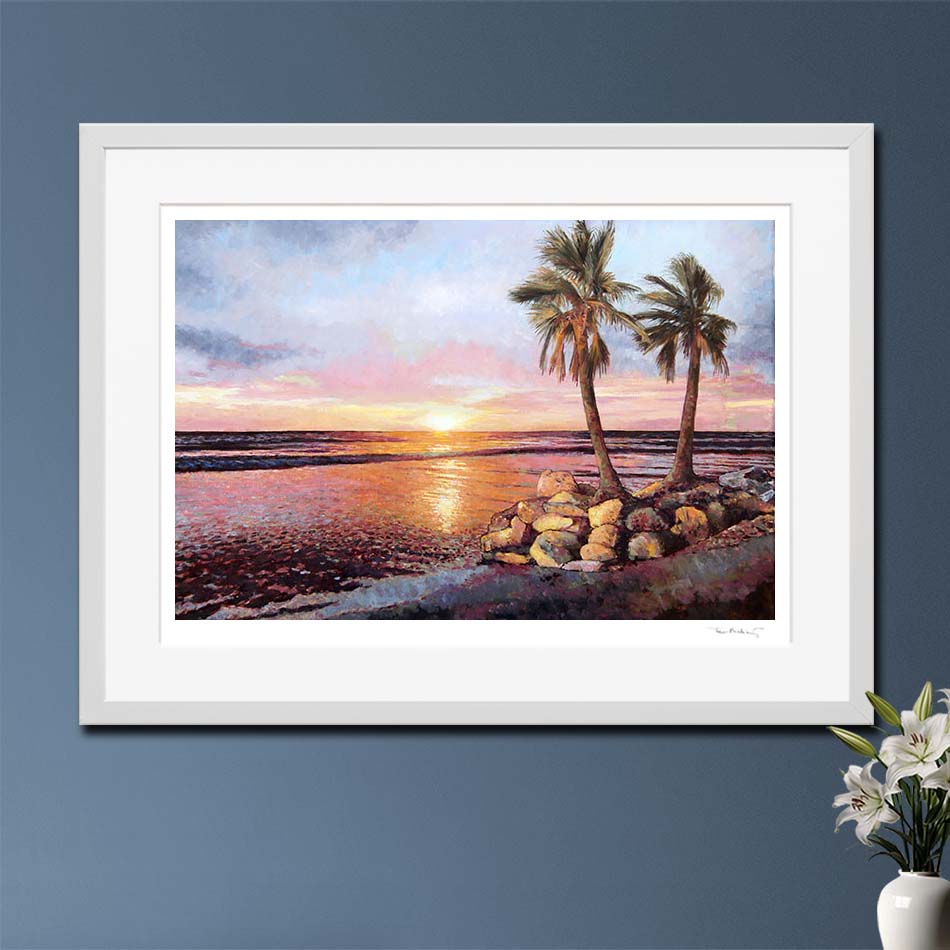 Fine Art print  Sunset by The Sea by Theo Michael, an oil painting featuring a vibrant sunset of orange, pink and yellow, displayed with mount and white frame.