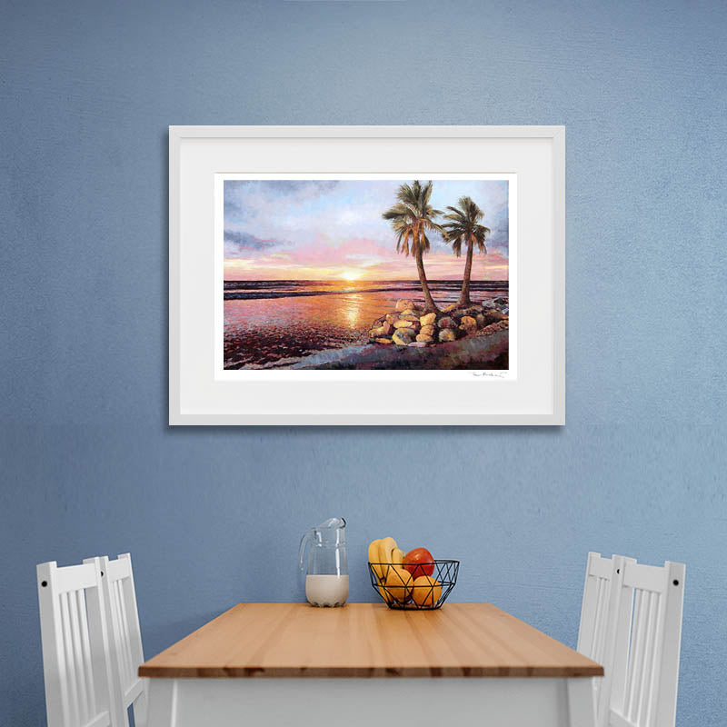 Fine Art print  Sunset by The Sea by Theo Michael, an oil painting featuring a vibrant sunset of orange, pink and yellow