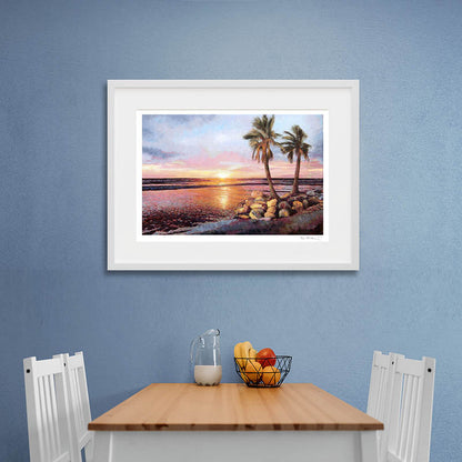 Fine Art print  Sunset by The Sea by Theo Michael, an oil painting featuring a vibrant sunset of orange, pink and yellow