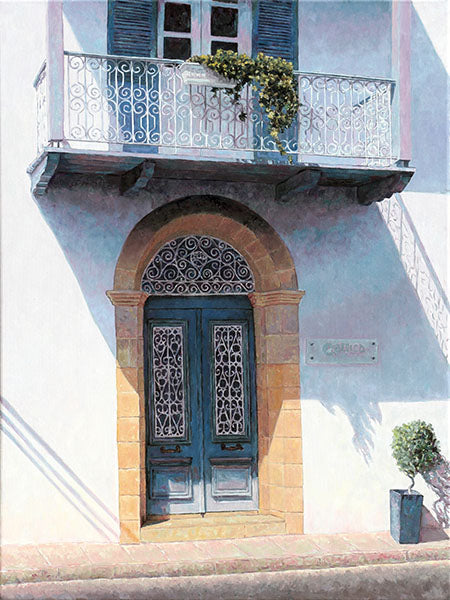 door paintings, a blue door with balcony in summer light, an oil painting by Theo Michael
