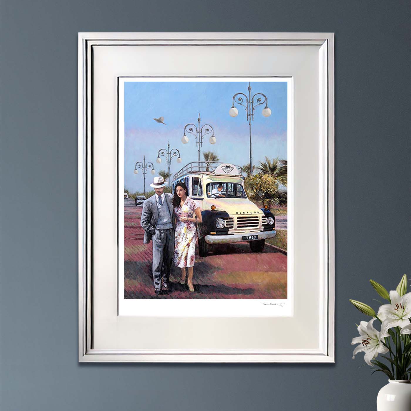 Fine Art Print, The Sunday Stroll along the palm tree promenade in Larnaca, Finikoudes. A painting by Theo Michael featuring a classic Beford Bus and iconic and traditional Street lamps in the background.