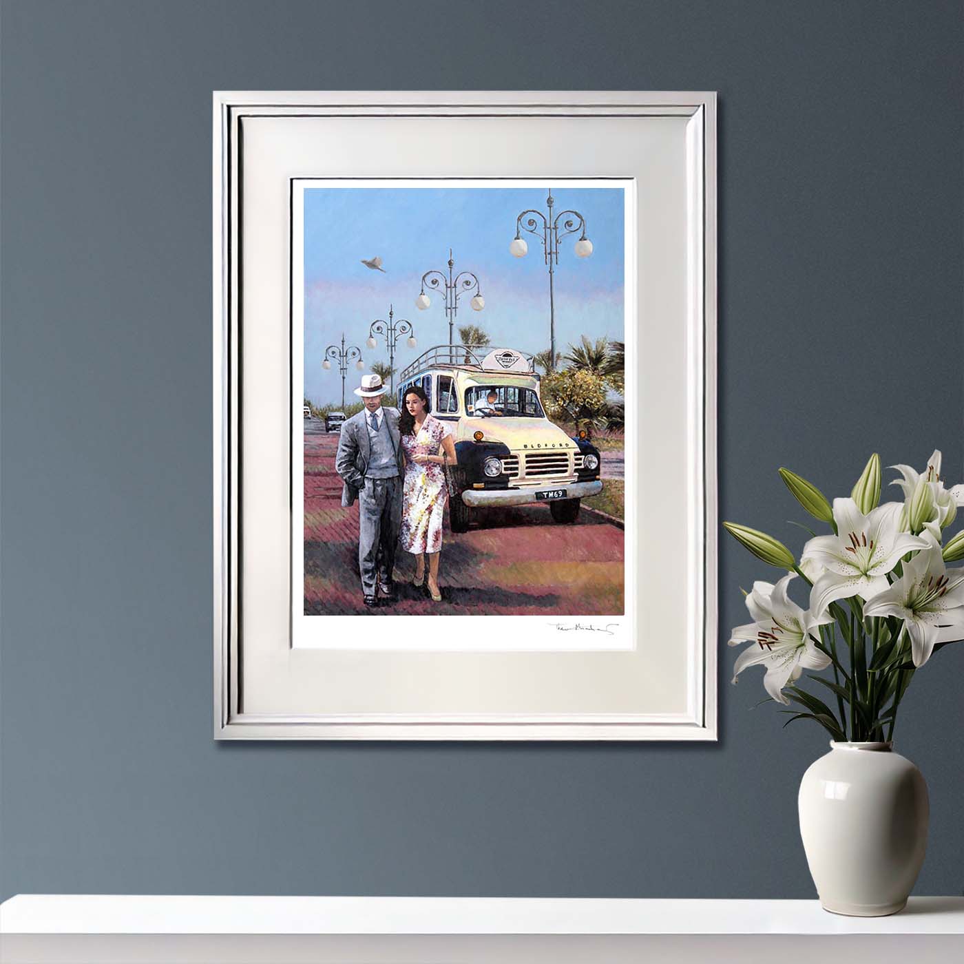 Fine Art Print, The Sunday Stroll along the palm tree promenade in Larnaca, Finikoudes. A painting by Theo Michael featuring a classic Beford Bus and iconic and traditional Street lamps in the background.