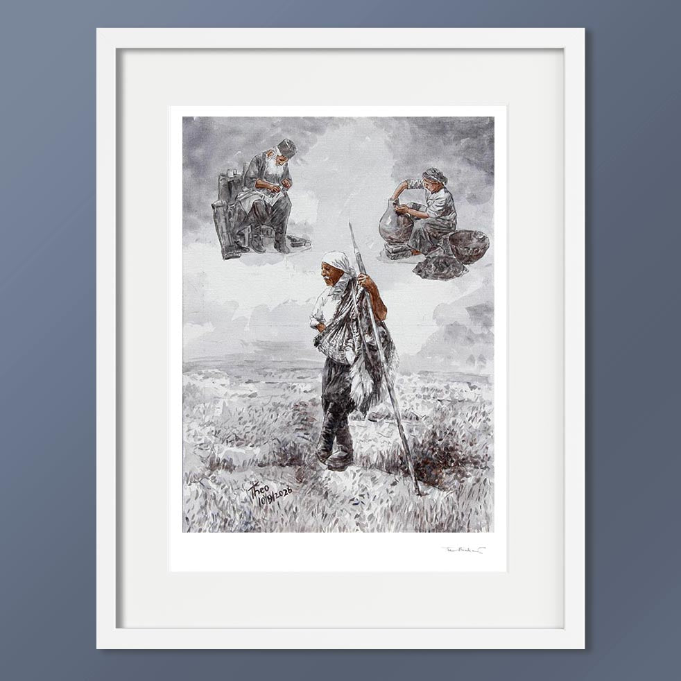 A framed art print featuring a monochrome illustration of three figures in a Cyprus landscape, a shepherd standing in the foreground and two traditional crafts people seated above. 