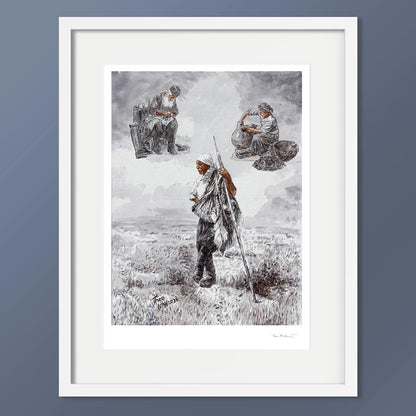 A framed art print featuring a monochrome illustration of three figures in a Cyprus landscape, a shepherd standing in the foreground and two traditional crafts people seated above. 