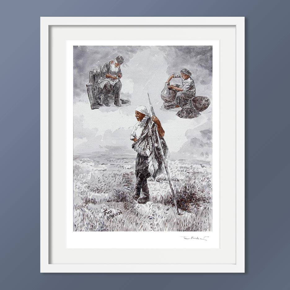 A hand signed framed art print featuring a monochrome illustration of three figures in a Cyprus landscape, a shepherd standing in the foreground and two traditional crafts people seated above. 