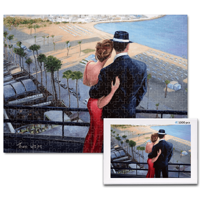 jigsaw puzzle, an art design puzzle after the oil painting Balcony With A View by Theo Michael, includes box