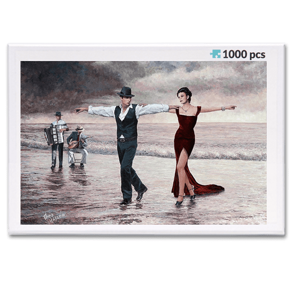 jigsaw puzzle, an art design puzzle after the oil painting The Beach Quartet Lady In Red by Theo Michael, includes box