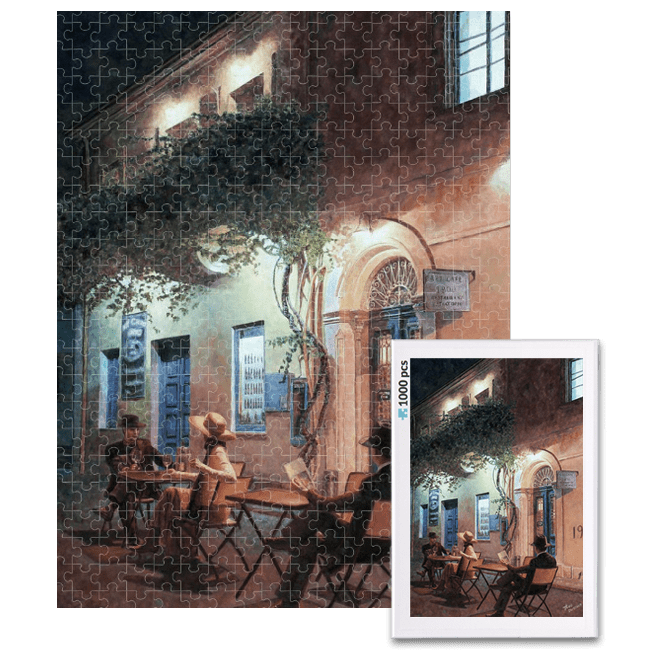 jigsaw puzzle, an art design puzzle after the oil painting Cafe At Night by Theo Michael, includes box
