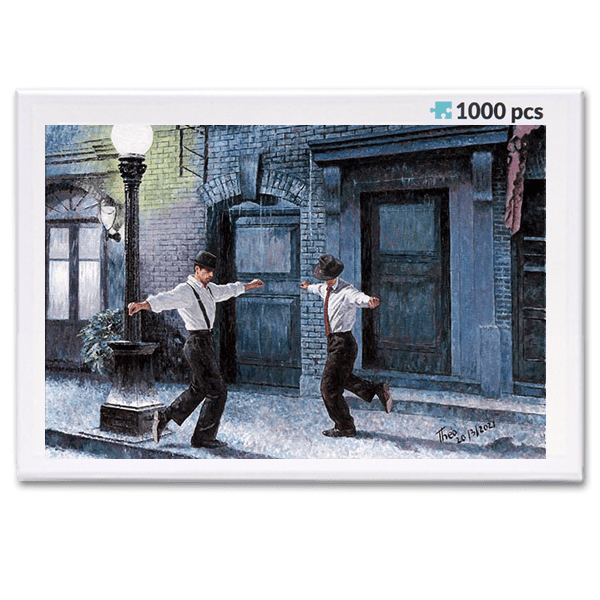 jigsaw puzzle, an art design puzzle after the oil painting Dancing In The Rain by Theo Michael, includes box
