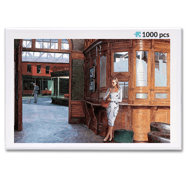 jigsaw puzzle, an art design puzzle after the oil painting The Ticket Office, Homage To Edward Hopper by Theo Michael, includes box